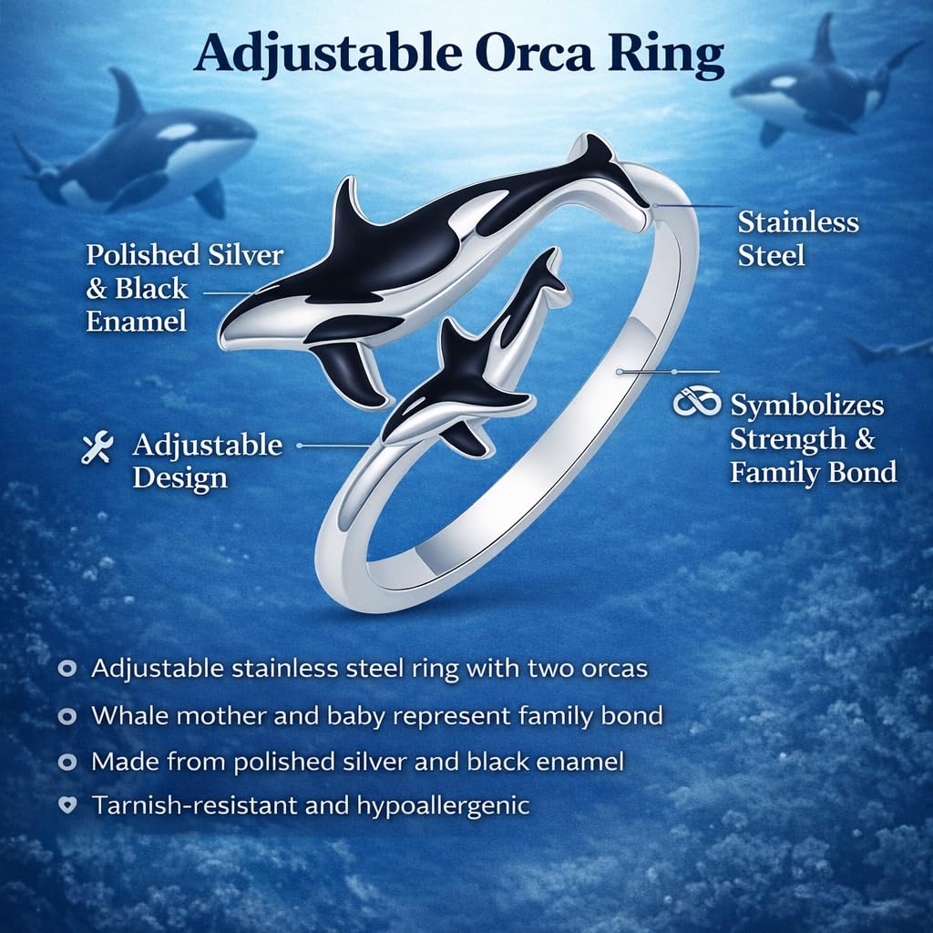 SUPAC Stainless Steel Orca Whale Ring, Adjustable Size, Black and Silver - Shamu Gift