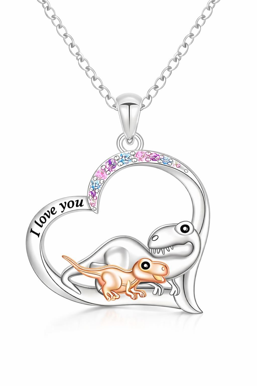 SUPAC Cute Cartoon Dinosaur Heart Pendant Necklace with Rhinestone Accents I Love You, Fashion Jewelry for Daily and Party Wear, Birthday and Christmas Gift