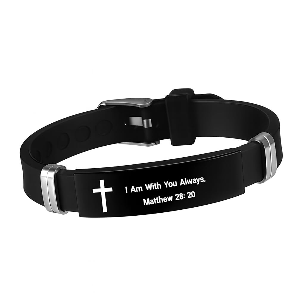Christian Cross Bracelet with Proverbs 3:5, Phillipians 4:13, Matthew 19:26, Isaiah 41:10, Luke 1:37, Matthew 28:20 Scripture, Black Silicone Adjustable Watch Band, 9.05 inch Length