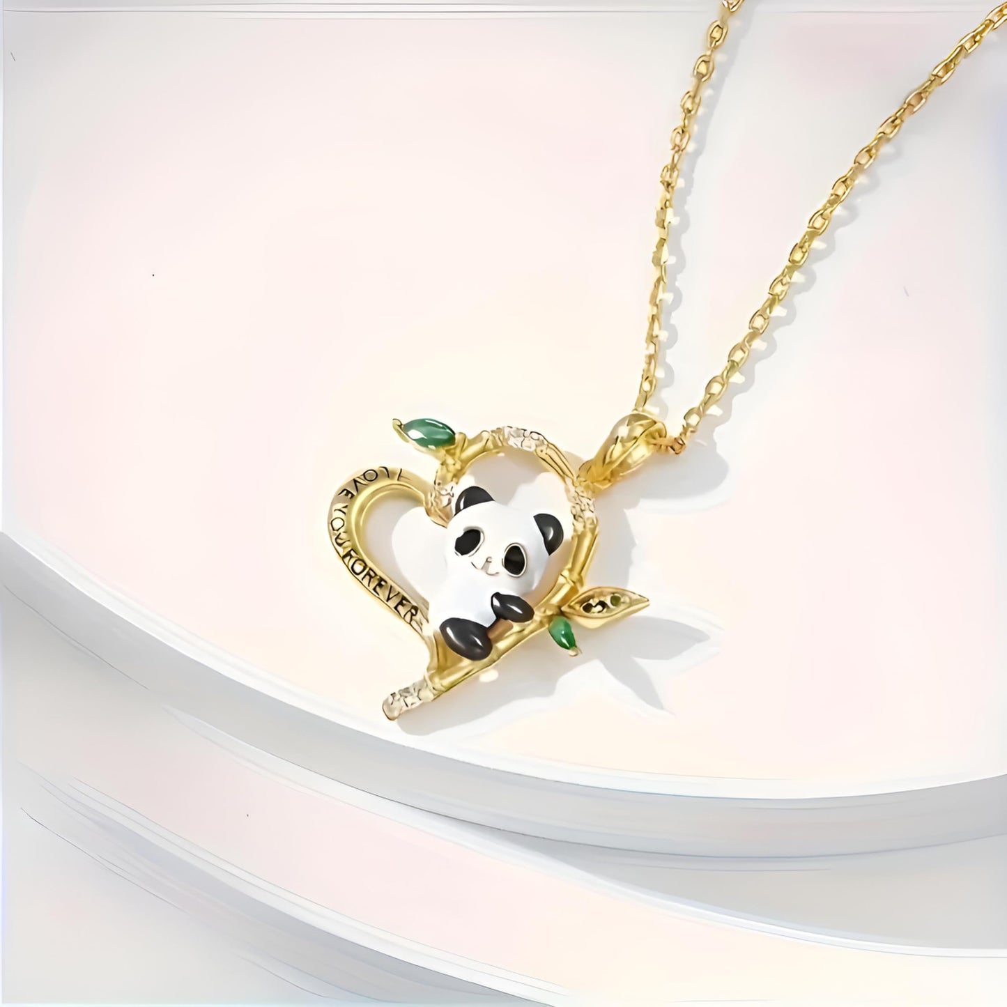 SUPAC Love You Forever Gold Panda Heart Necklace, 19.68 Inch Chain, Crystal Bamboo Leaves Design with Green Gemstones, Romantic Gift Jewelry