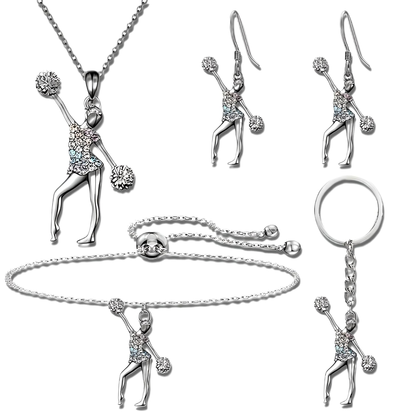 Cheerleader Jewelry Set with Crystal Pendant Necklace, Bracelet, Earrings and Keychain, Silver