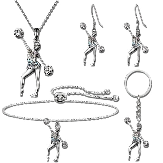 Cheerleader Jewelry Set with Crystal Pendant Necklace, Bracelet, Earrings and Keychain, Silver