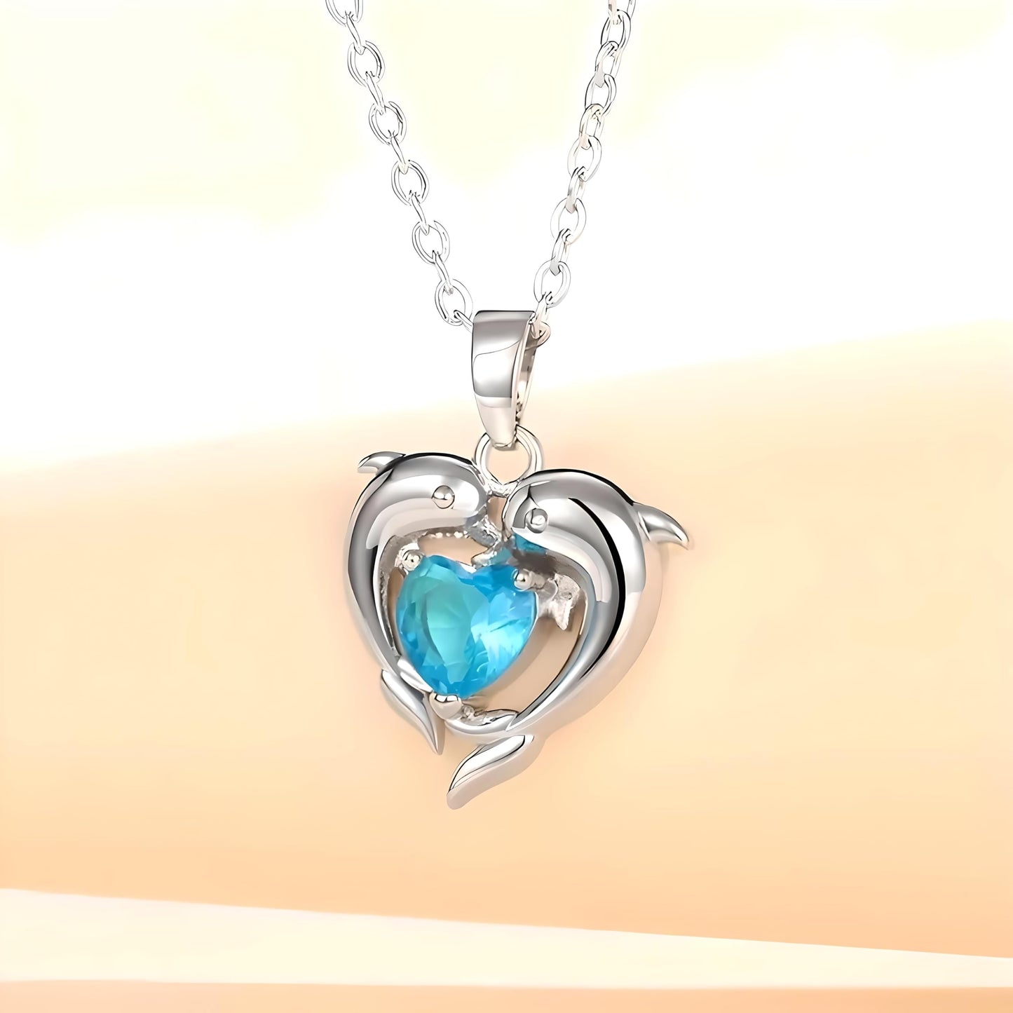 Sterling Silver Double Dolphin Pendant Necklace with Blue Crystal Hearts, Ocean Theme Jewelry