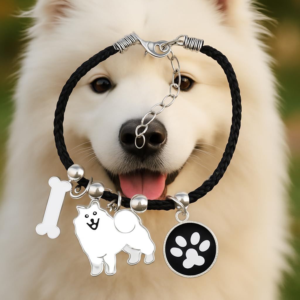 Pet Charm Bracelet with Dog Charms, Black Braided Band, I Love Dogs Design - Dog Lovers' Bracelet - Different Breeds of Dogs, Pet Lover Gift for Birthday and Holiday, Durable and Long-Lasting, Hypoallergenic and Nickel-Free, Everyday Wear (Samoyed)