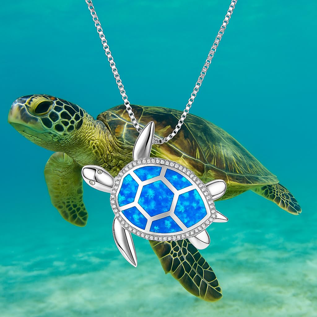 SUPAC Blue Opal Sea Turtle Pendant Necklace, Stainless Steel Chain 17.7", Crystal Inlay