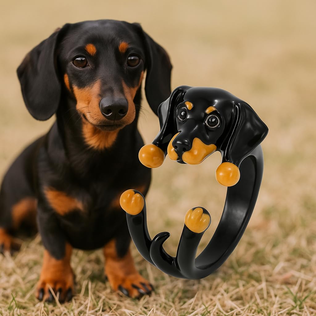 SUPAC Adjustable Silver Dog Ring, Westie Terrier and Bulldog Design, Fashion Jewelry (Black and Orange Dachshund)