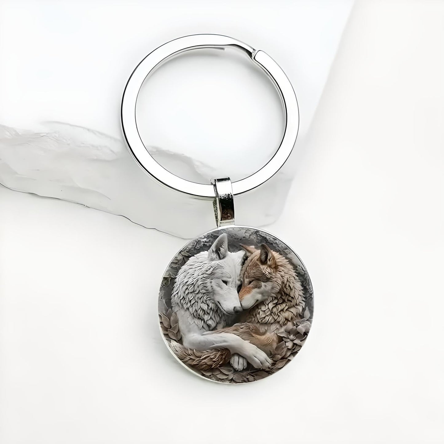 Mountain Sunset Stained Glass Art Keychain, Nature Scene Design, Round Pendant (Wolf Hug)