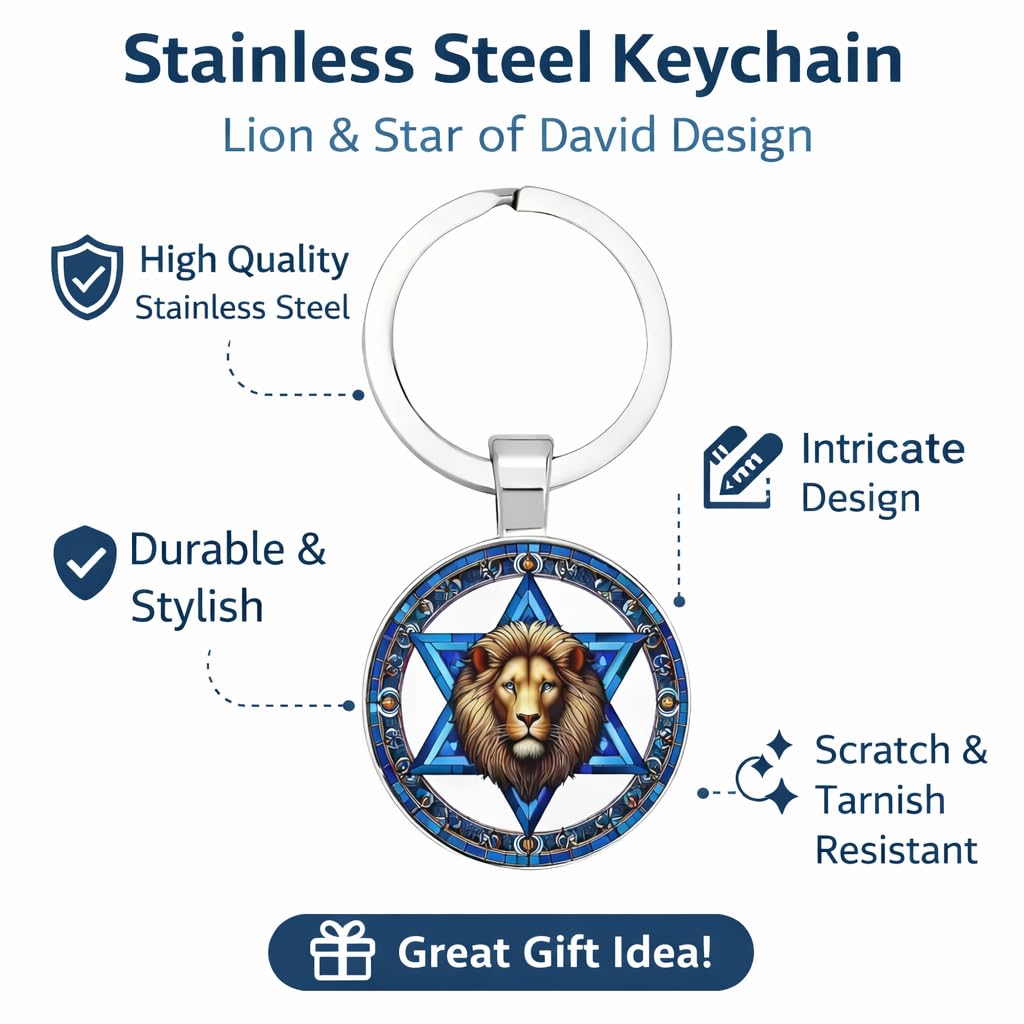 SUPAC Star of David Lion Keychain, Religious Judaica Design, Blue and Gold Medallion with Ornate Border, 1.18 inch Ring, 0.98 inch Pendant