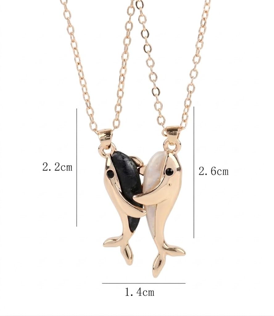 SUPAC Yin-Yang Whale Couple Necklaces, Magnetic Matching Set with Stone Inlays, Stainless Steel, Rose Gold and Silver Tone, 2 Piece Set