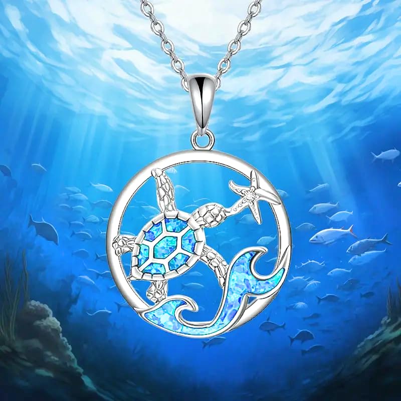 SUPAC Sea Turtle Necklace with Blue Opal, Ocean Wave Design, 0.71 inch Pendant
