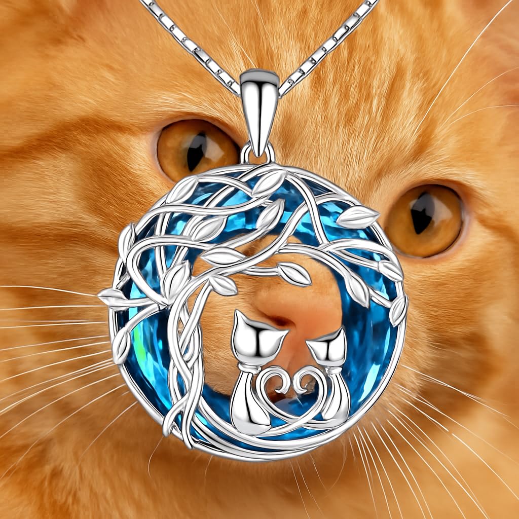 SUPAC Celtic Tree of Life Cat Pendant Necklace, Blue Crystal, 1.21 x 0.94 inches - Cat Lovers' Gift, Jewelry for Women