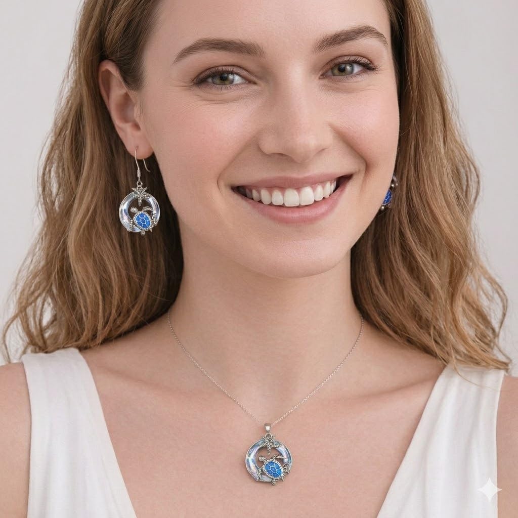 Sea Turtle Jewelry Set with Opal-Effect Blue Crystal, 3 Piece Starfish Pendant Necklace, Earrings Set, Stainless Steel Set