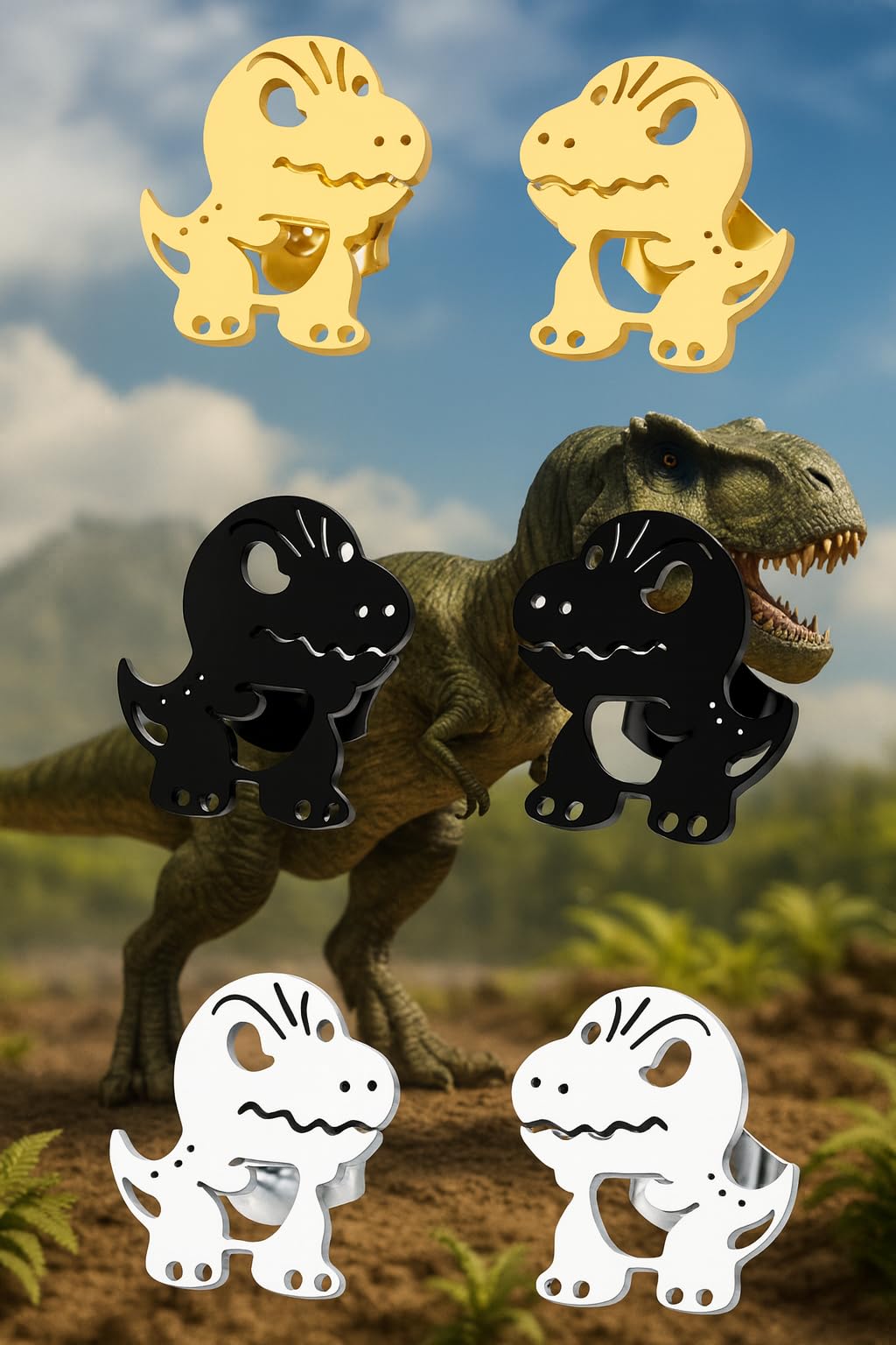 Cute Dinosaur T-Rex Stud Earrings, 3 Colors Set, Gold Silver Black