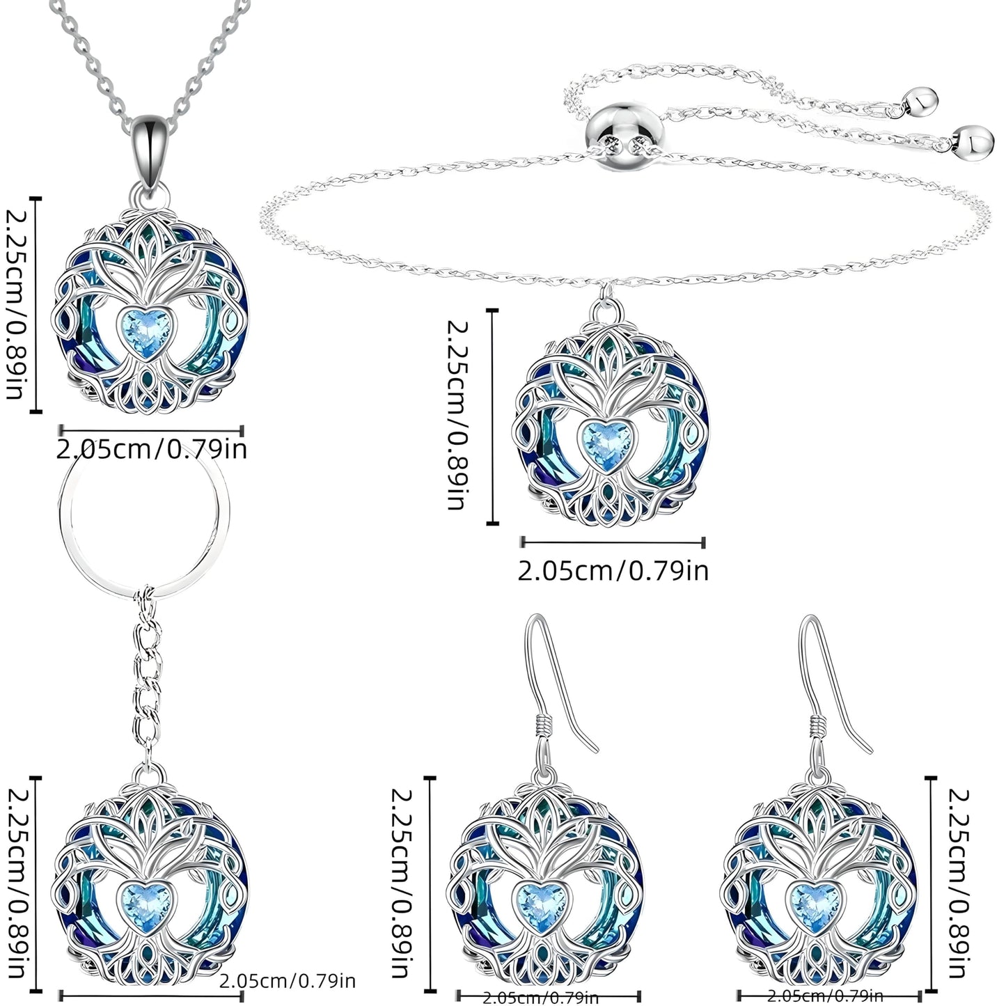 Tree of Life Jewelry Set, Blue Crystal Heart Design, Silver-Tone Necklace Bracelet Earrings Keychain, 4-Piece Set