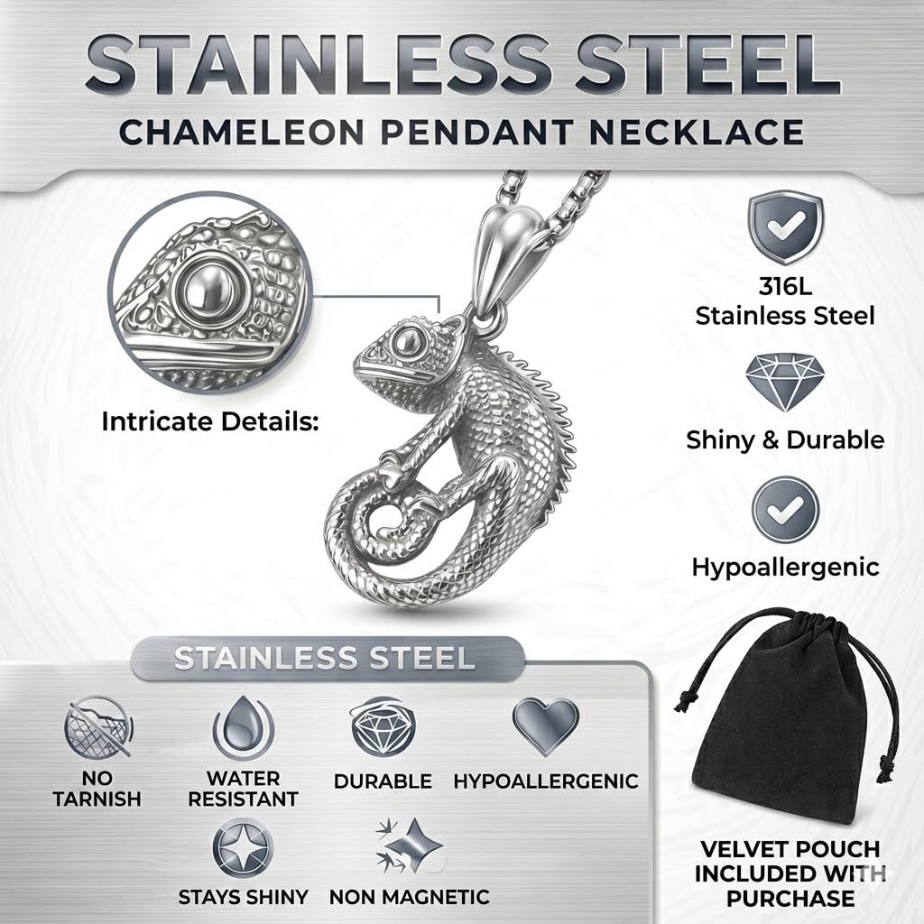 SUPAC Stainless Steel Chameleon Pendant Necklace, 3D Detailed Reptile Design, 23.6 Inch Chain Length, 1.43 Inch Pendant Size
