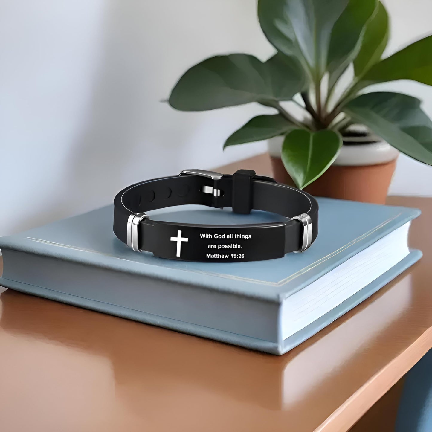 Christian Cross Bracelet with Proverbs 3:5, Phillipians 4:13, Matthew 19:26, Isaiah 41:10, Luke 1:37, Matthew 28:20 Scripture, Black Silicone Adjustable Watch Band, 9.05 inch Length