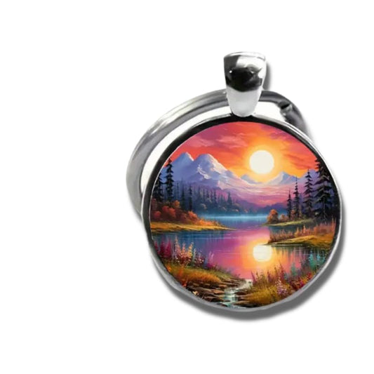 Mountain Sunset Stained Glass Art Keychain, Nature Scene Design, Round Pendant (Sunset Forest)