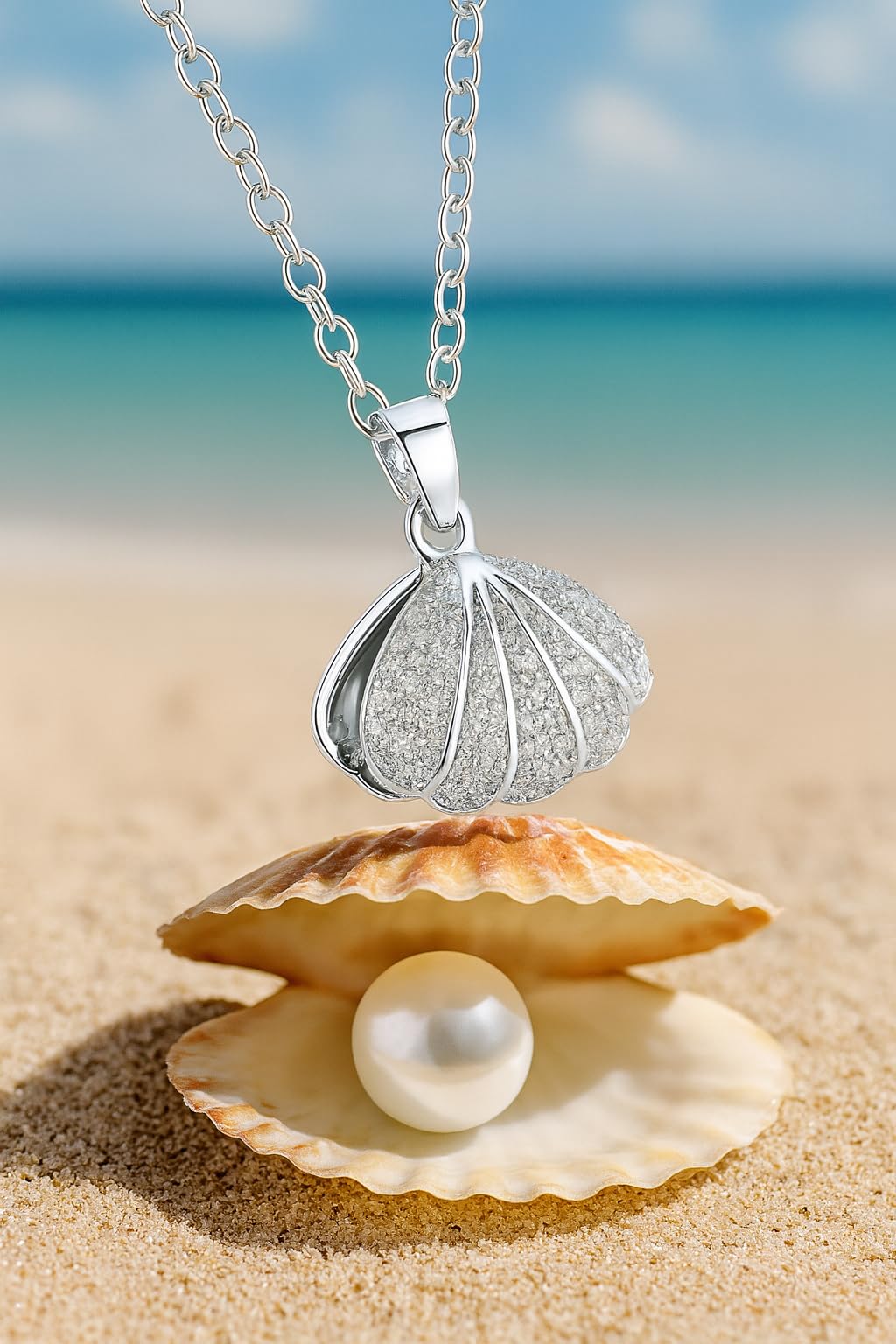 Crystal Clam Shell Oyster Pearl Pendant Necklace, 18 Inch Chain with 2 Inch Extender, Silver