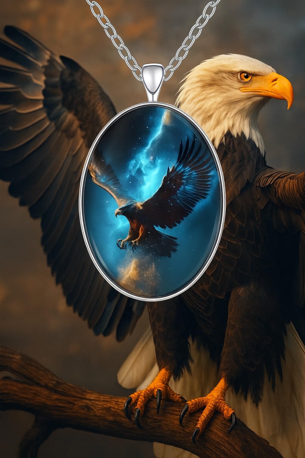SUPAC Galaxy Eagle Pendant Necklace, Oval Shaped with Night Sky/Solar System Design - Christmas, Holiday, or Birthday Gift