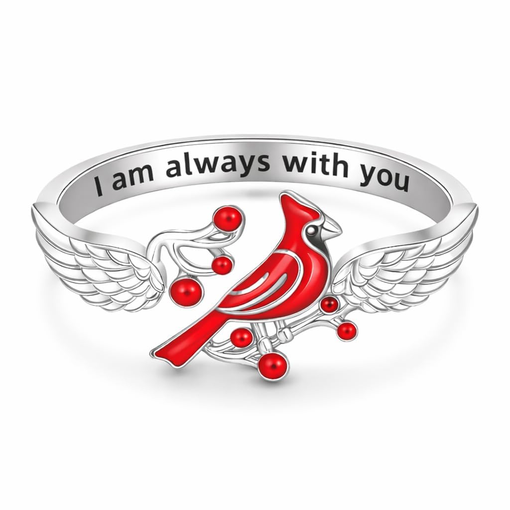 SUPAC Red Cardinal Cross Ring, Silver-Plated 'I Am Always with You' Inspirational Message, Adjustable - Christmas, Party, or Birthday Gift