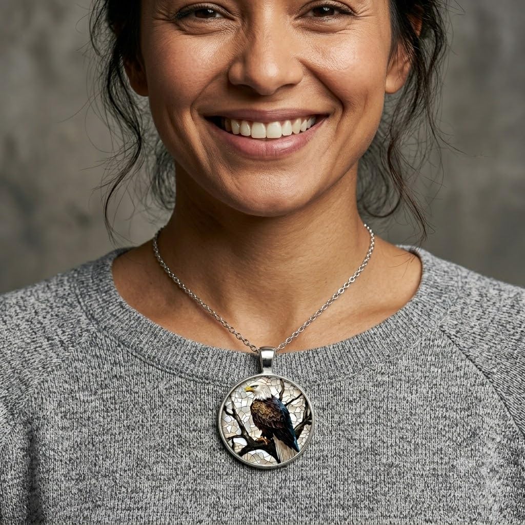 SUPAC Bald Eagle Glass Pendant Necklace, 1.38 inch Oval Medallion, 17.7 inch Chain - Eagle Necklace Gift
