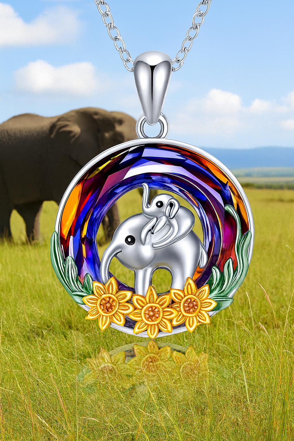 Stainless Steel Animal Pendant Necklace Set, Elephant with Sunflower, Hummingbird, Cat Design, Multi-Color Crystal (Elephant)