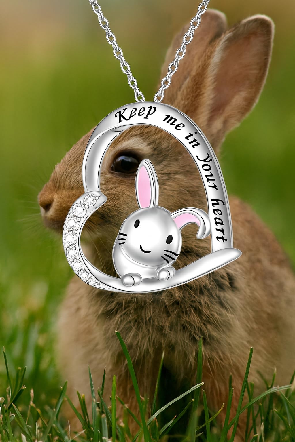 SUPAC Pair of Bunnies & Heart Pendant Necklace Always in My Heart - White Golden Plated Alloy with Resin Accents, Birthday or Friendship Gift, 3+ Options