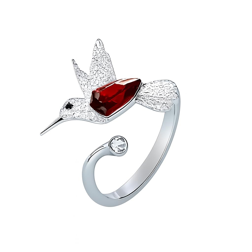 Stainless Steel Hummingbird Ring with Enamel Flowers, Adjustable, Turquoise and Purple