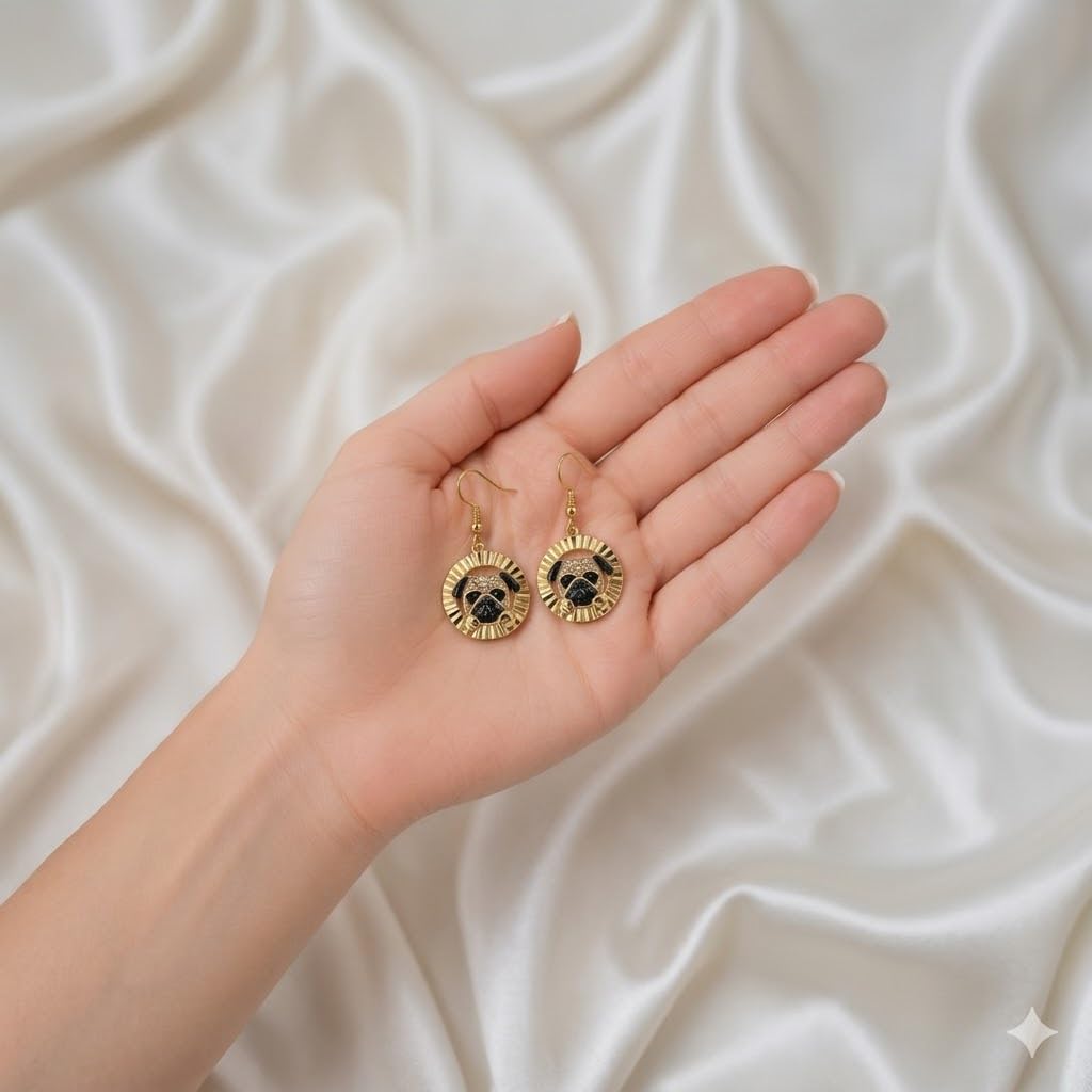 Pug Dangle Earrings, Gold-Tone Round Drop Earrings with Crystal Accents, Dog Lover Jewelry - Stainless Steel with Cubic Zirconia
