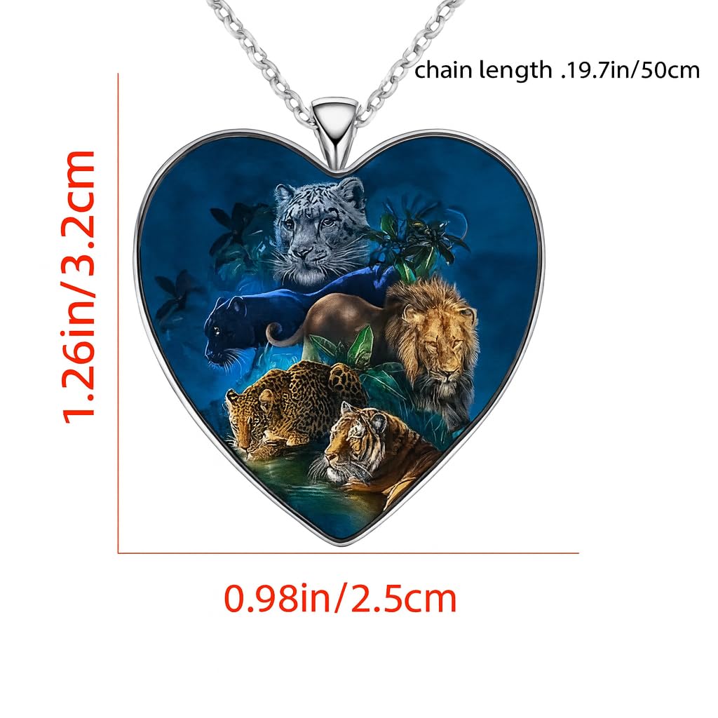 SUPAC Heart-Shaped Jungle Animals Pendant Necklace, Multicolor Glass Necklace including: Lion, Tiger, Leopard, Panther and Cheeta - Christmas, Holiday, or Birthday Gift