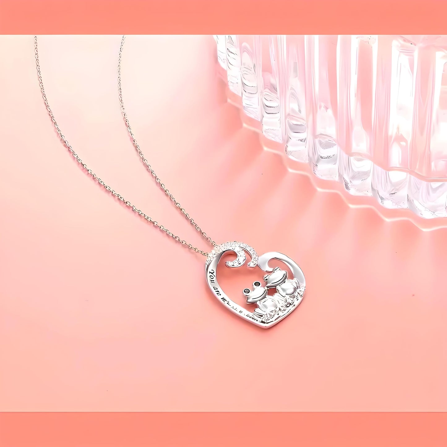Cute Frog Couple Heart Pendant Necklace, Stainless Steel Chain 19.7 inch, Crystal Accent - Engraved 'You are my sunshine'