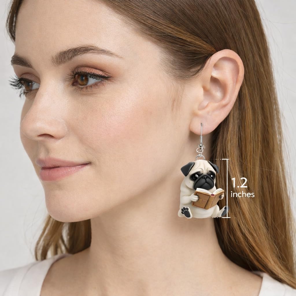 Cute Reading Pug Dangle Earrings, 2D Flat Acrylic, 1.2 inch - Dog Lovers' Gift