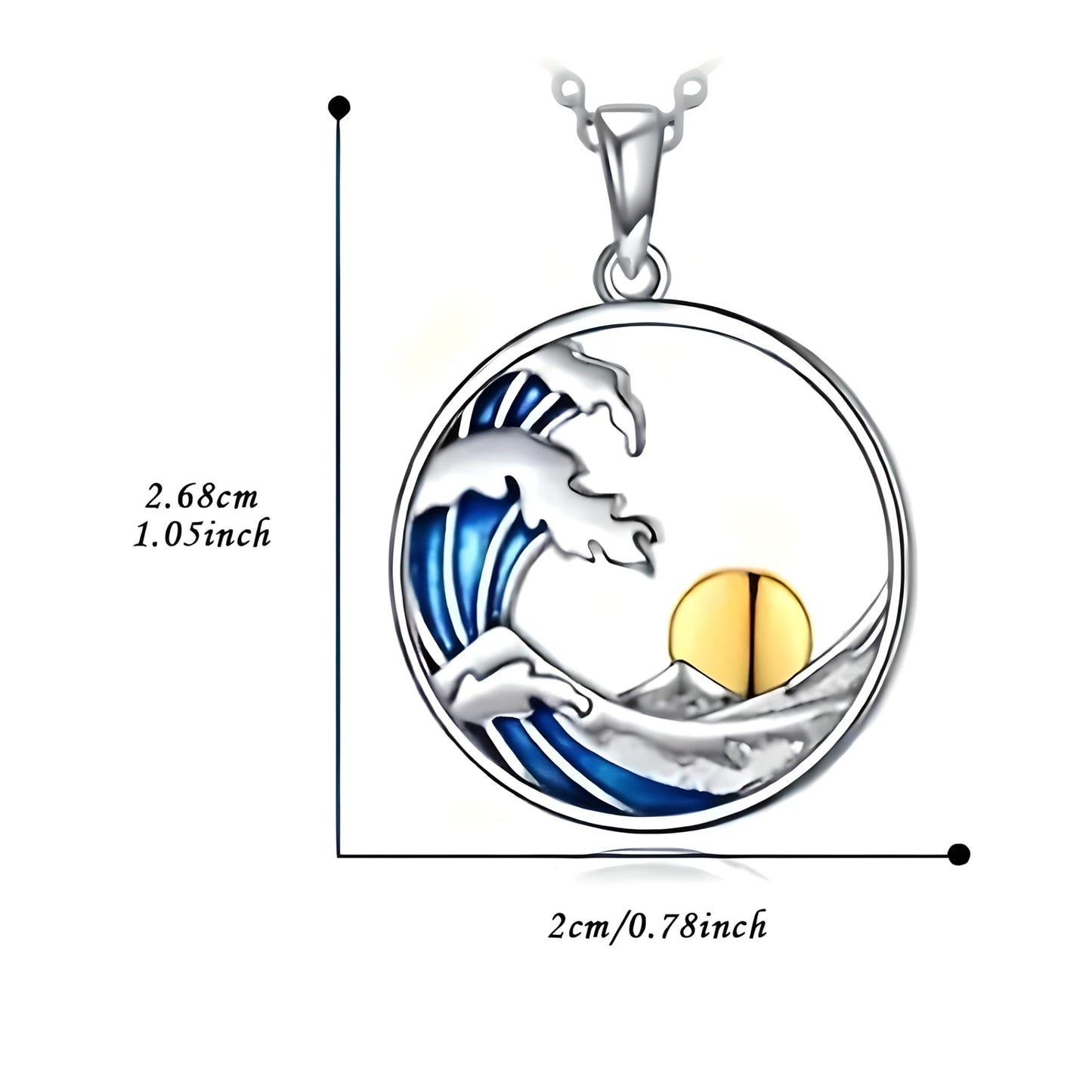 Ocean Wave Pendant Necklace, Sterling Silver Chain, Blue Enamel and Gold Sun Design - Beach Jewlery Gift