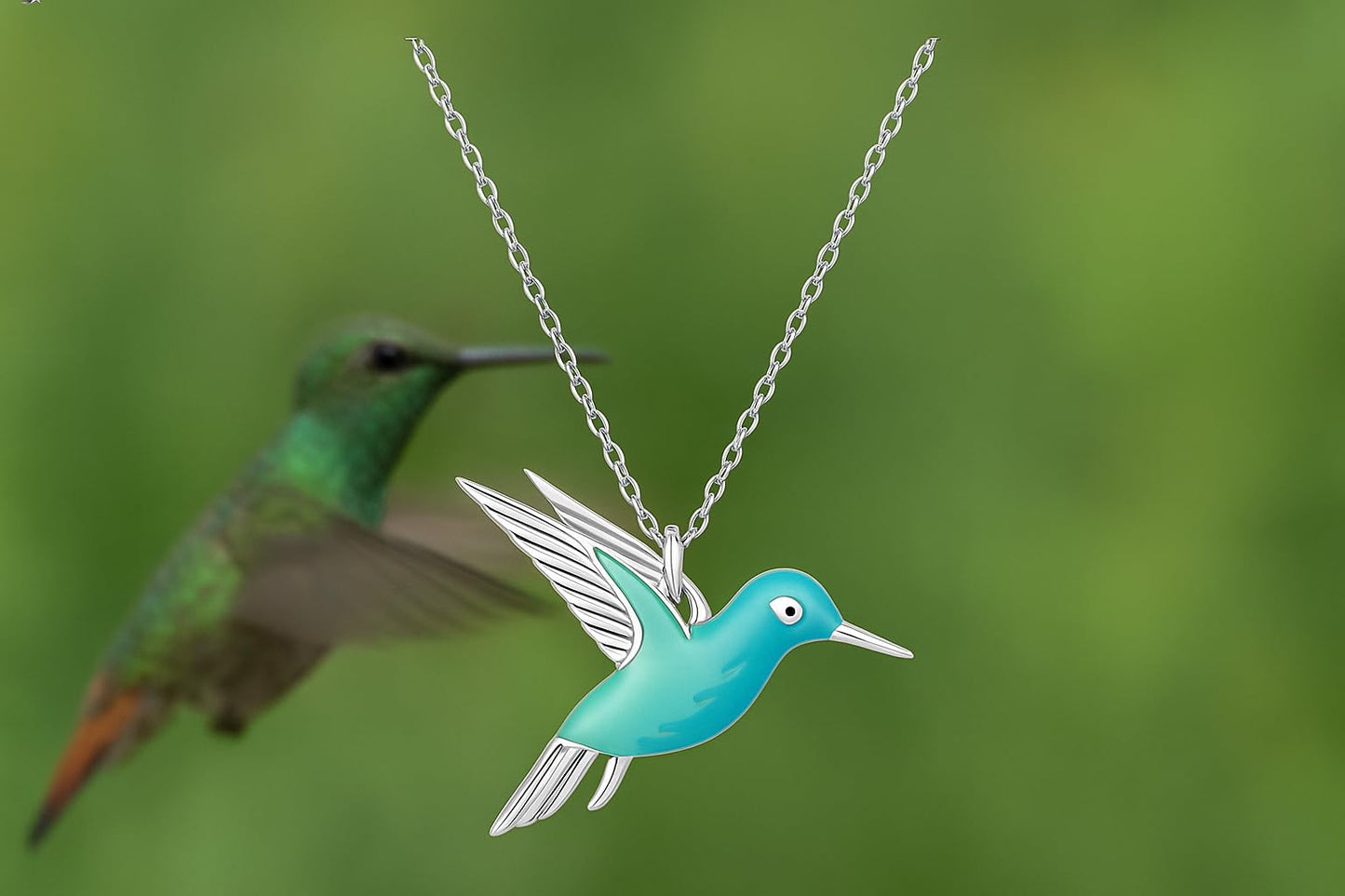 SUPAC Hummingbird Pendant Necklace, Sterling Silver Chain, Turquoise Blue Enamel