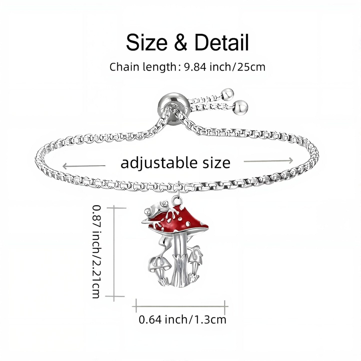 Red Mushroom Jewelry Set, Stainless Steel Necklace, Bracelet, Ring and Earrings, 9.84 inch Chain