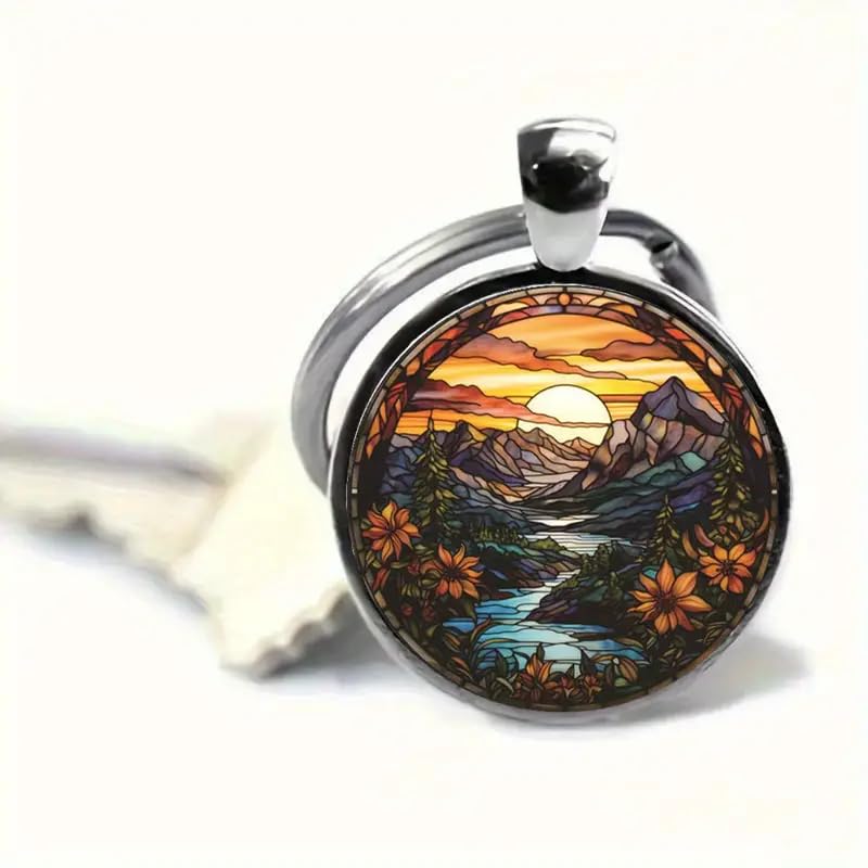 Mountain Sunset Stained Glass Art Keychain, Nature Scene Design, Round Pendant (Flowing River)