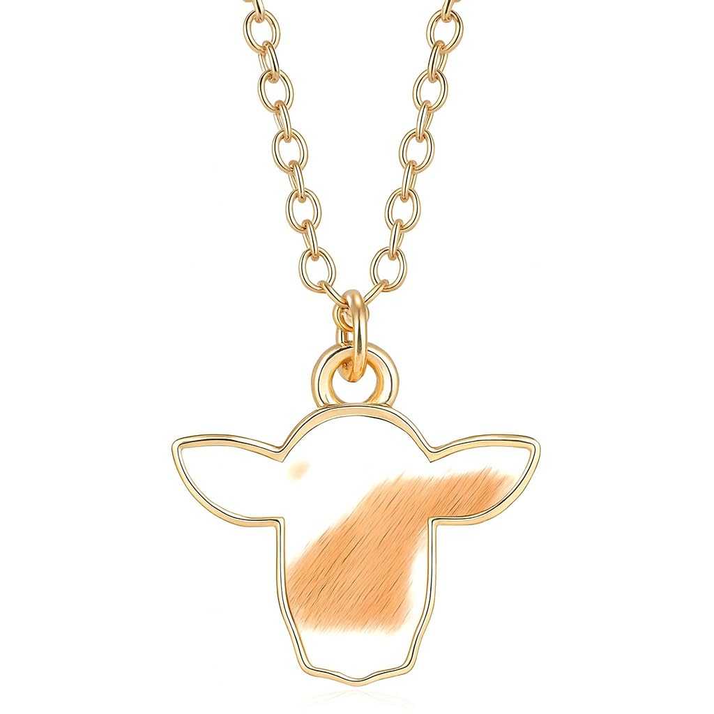 SUPAC Cow Print Pendant Necklace, Gold Chain, Black and White Enamel, Western Style - Cowhide Hair