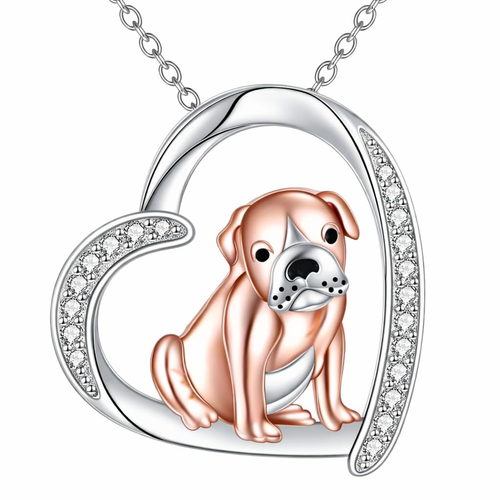 SUPAC Dog Breeds Necklace, German Shepherd, Labrador Retriever, Heart Pendant Necklace, Black and Gold, Crystal Paw Print Design, Dog Lovers Gift