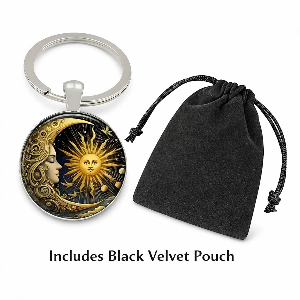 Celestial Sun and Moon Keychain, Art Nouveau Style Metal Key Ring with Mythological Design, 1.18 x 1.09 Inch Round Pendant