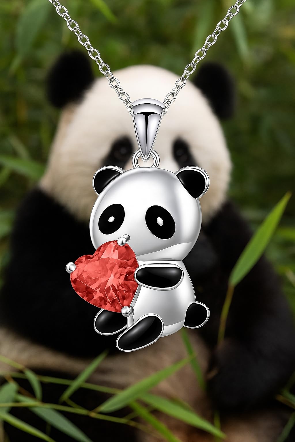 Cute Panda Heart Crystal Pendant Necklace, 17.7 inch Chain, Silver - 6+ Color Options