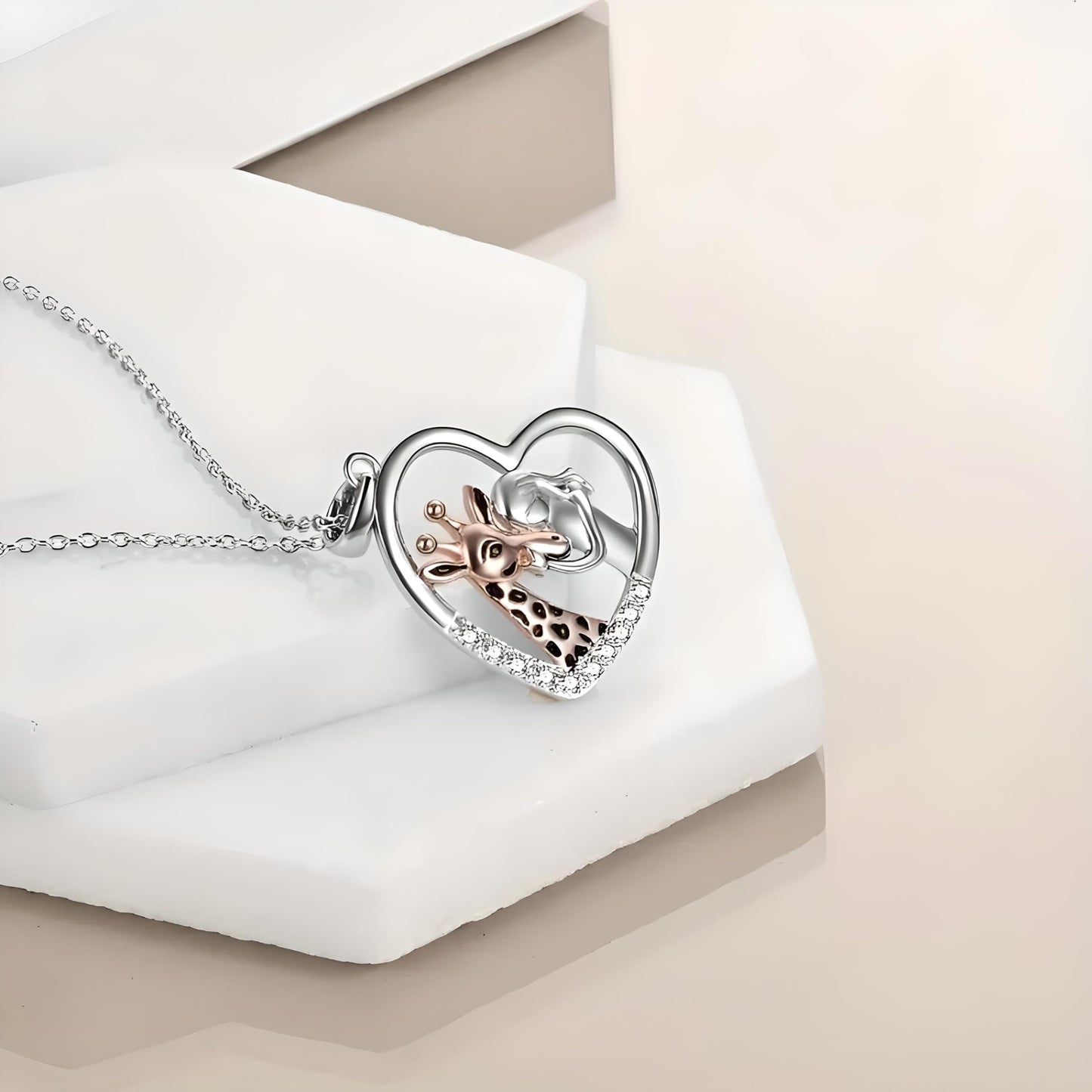 Sterling Silver Giraffe Heart Pendant Necklace with Crystals
