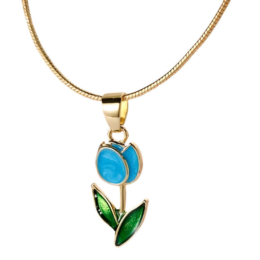 SUPAC Tulip Pendant Necklace, Gold-Plated Chain, Blue and Green Enamel Flower, 17.3 Inches