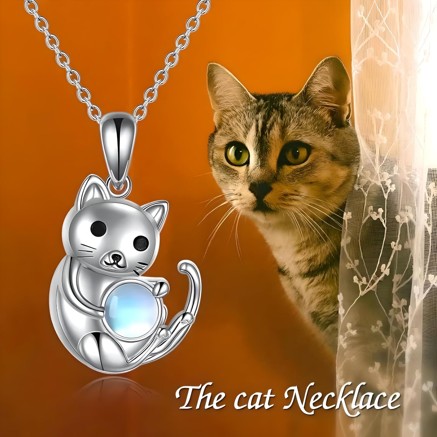 Winking Cat Pendant Necklace Playing With Blue Ball, Sterling Silver Chain, Moonstone Ball Charm - Animal Lovers' Gift (Sitting Cat)