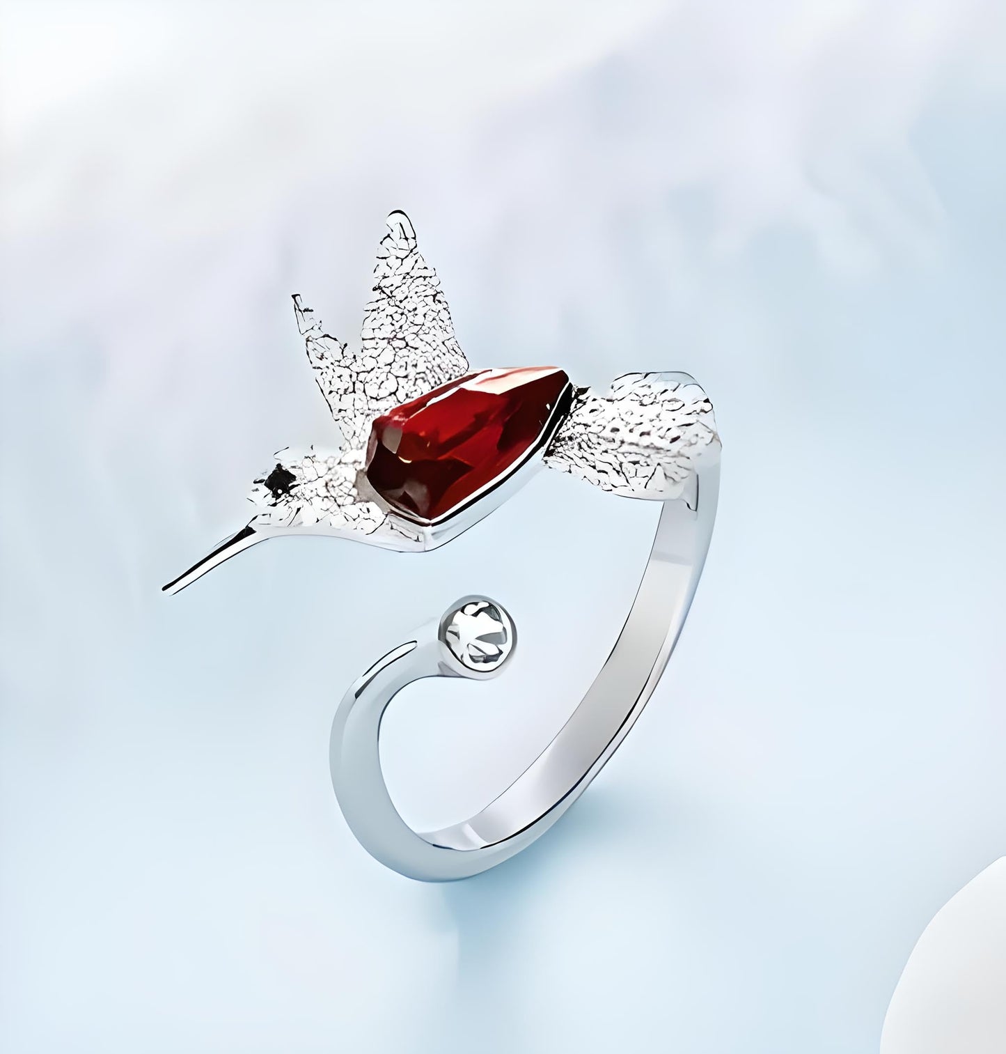 Sterling Silver Hummingbird Ring with Enamel Flowers, Adjustable, Turquoise and Purple