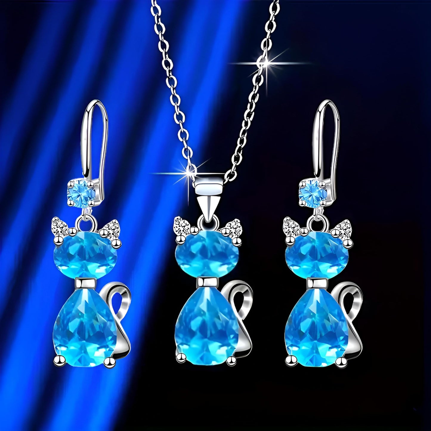 SUPAC Pink and Purple Cat Jewelry Set, Rose Gold Plated Crystal Necklace Earrings Ring, Gift for Cat Enthusiasts 6 Color Variations