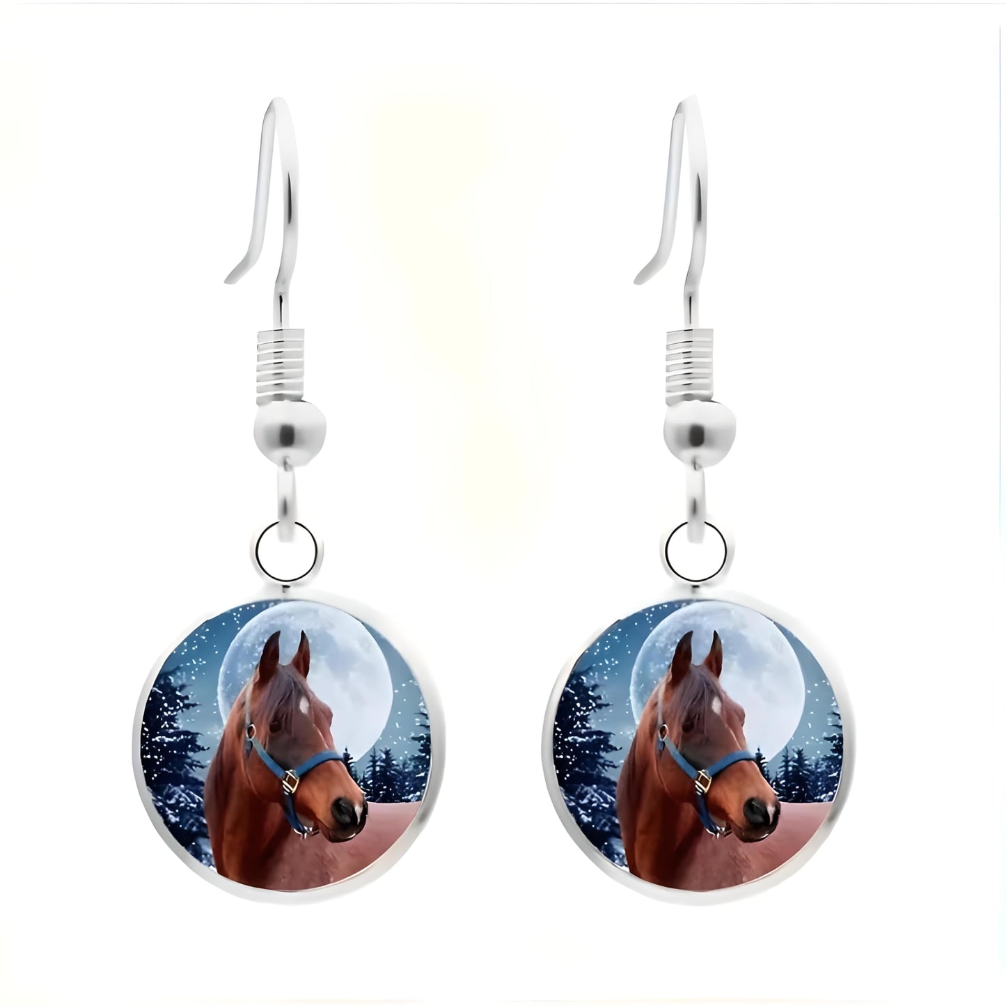 Horse Jewelry Set with Necklace, Bracelet and Earrings, Winter Moon Design, 4 Pieces, Silver