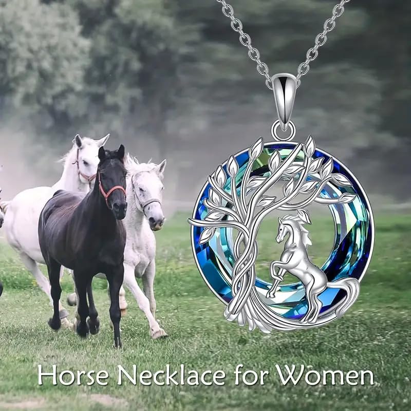 Sterling Silver Horse Tree of Life Pendant Necklace, Blue Crystal, Women's Jewelry