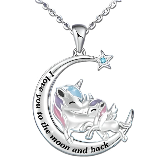 SUPAC I Love You to the Moon and Back Shooting Star Mother-Daughter Unicorn Pendant Necklace, Gift for Birthday or Christmas (Red or Blue Star)
