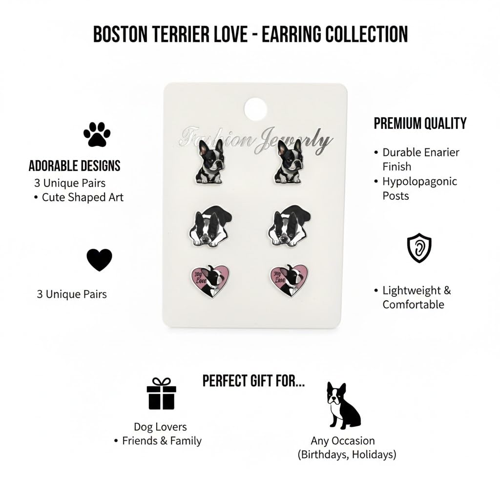 Boston Terrier Stud Earrings Set, Black and White Dog Design with Heart Charm, 3 Pairs