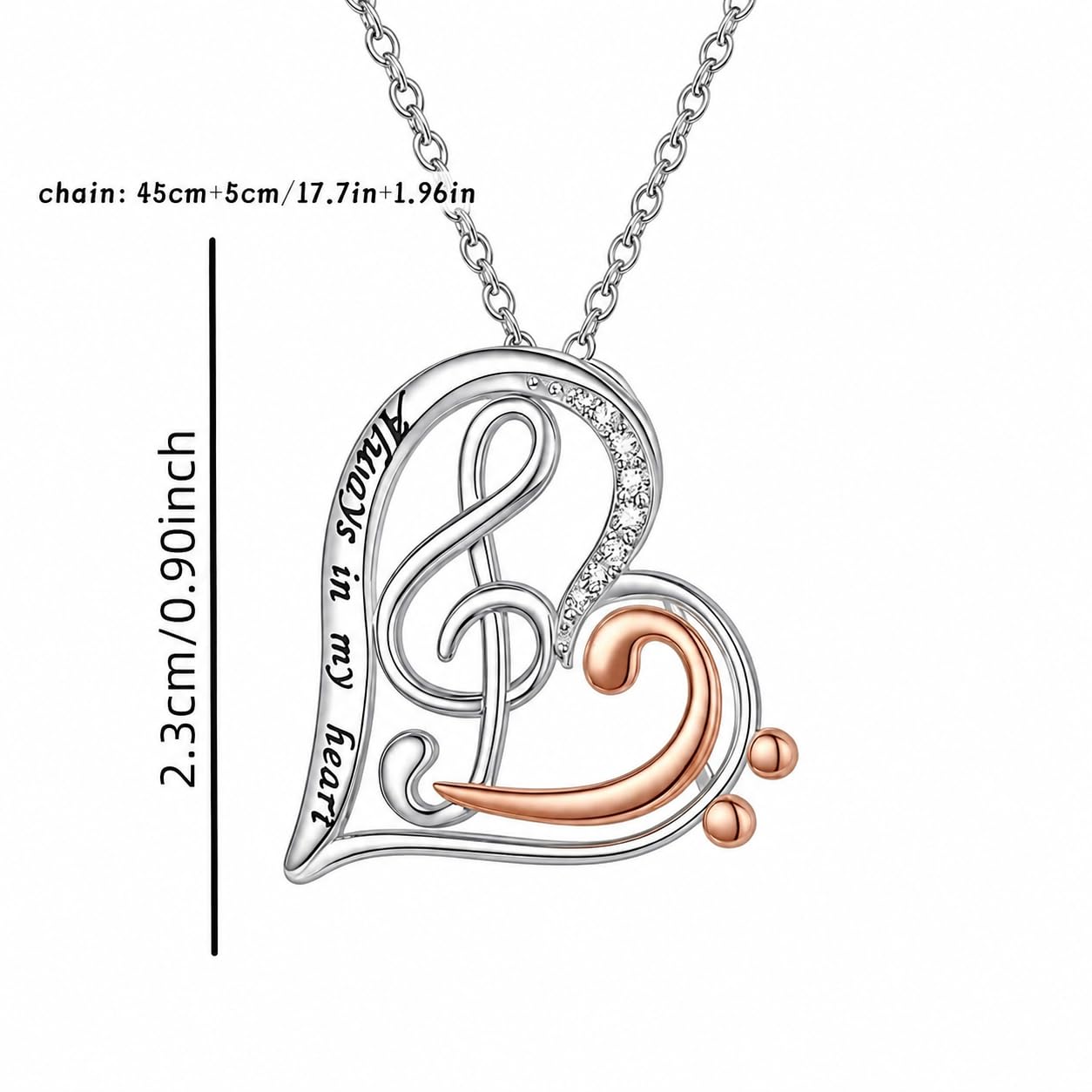 SUPAC Musical Note Heart Necklace, Stainless Steel and Rose Gold Two-Tone Treble Clef Design with Crystals - 'Always in my heart' Engraved